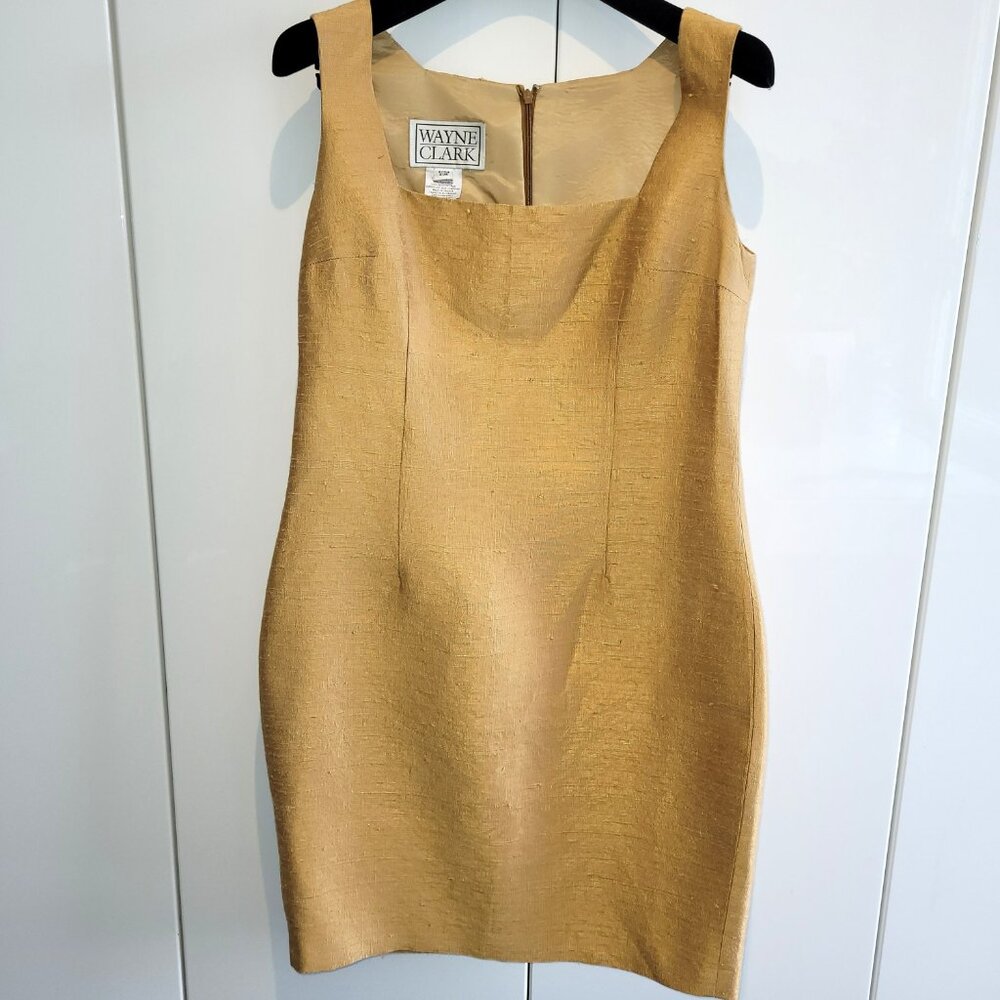 Vintage Wayne Clark Gold 100% Silk Shantung Sheath Dress Size 8